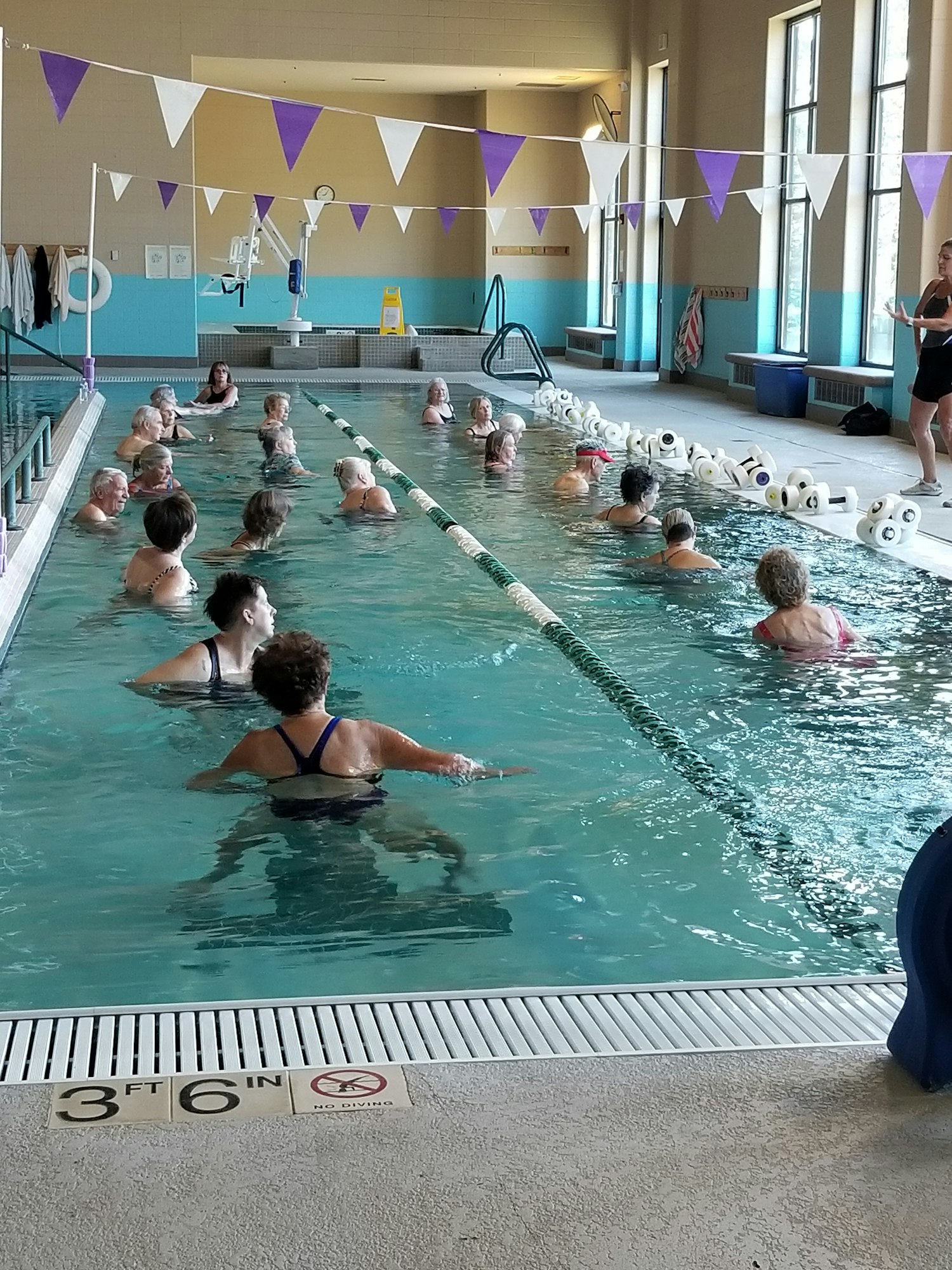 People in a swimming pool engaged in a class, with an instructor by the poolside.