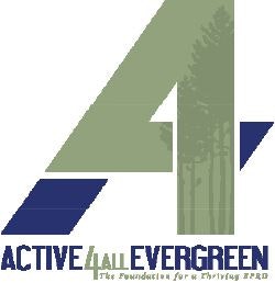 Stylized "4" with the words "ACTIVE EVERGREEN," possibly a logo or emblem for an organization or initiative.