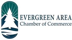 Logo of Evergreen Area Chamber of Commerce with a stylized tree and river design.