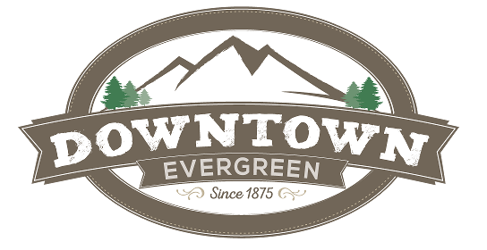 Logo with mountains, trees, and text: "Downtown Evergreen, Since 1875."