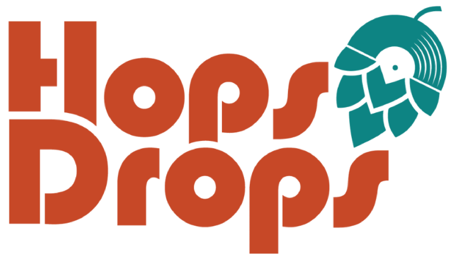 Text "Hops Drops" with stylized letters and a hop-shaped design.