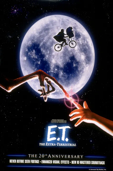 The image depicts the iconic scene from "E.T. the Extra-Terrestrial," featuring a bicycle flying against the moon.