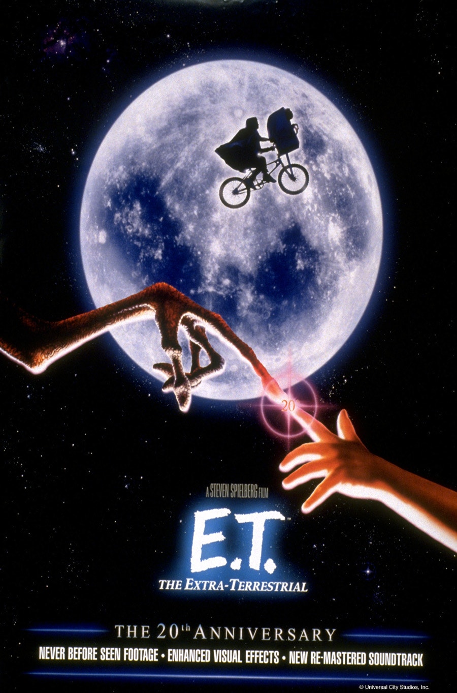 The image depicts the iconic scene from "E.T. the Extra-Terrestrial," featuring a bicycle flying against the moon.