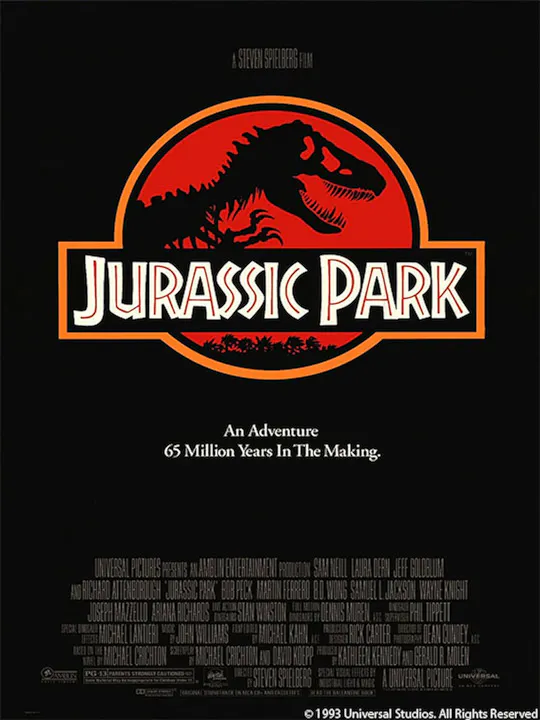 A movie poster for "Jurassic Park," featuring a T-Rex silhouette and the tagline: "An Adventure 65 Million Years In The Making."