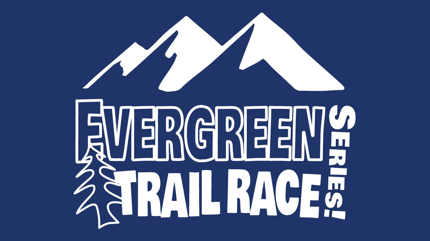 Text "Evergreen Trail Race Series!" with mountain and tree graphics.