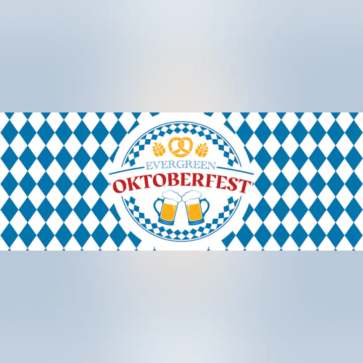 Oktoberfest banner with beer mugs, pretzel, and blue diamond pattern.