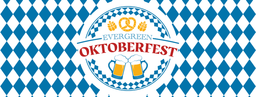 Oktoberfest banner with beer mugs, pretzel, and blue diamond pattern.