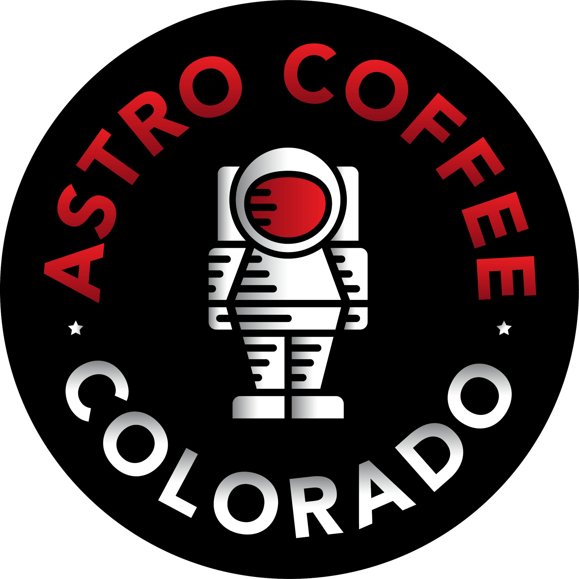 A logo with an astronaut, labeled "ASTRO COFFEE" at the top and "COLORADO" at the bottom, in red and white text on a black background.