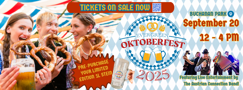 Oktoberfest 2025 event poster: Buchanan Park, September 20, 12-4 PM. Features music, pretzels, and steins. Tickets on sale now.