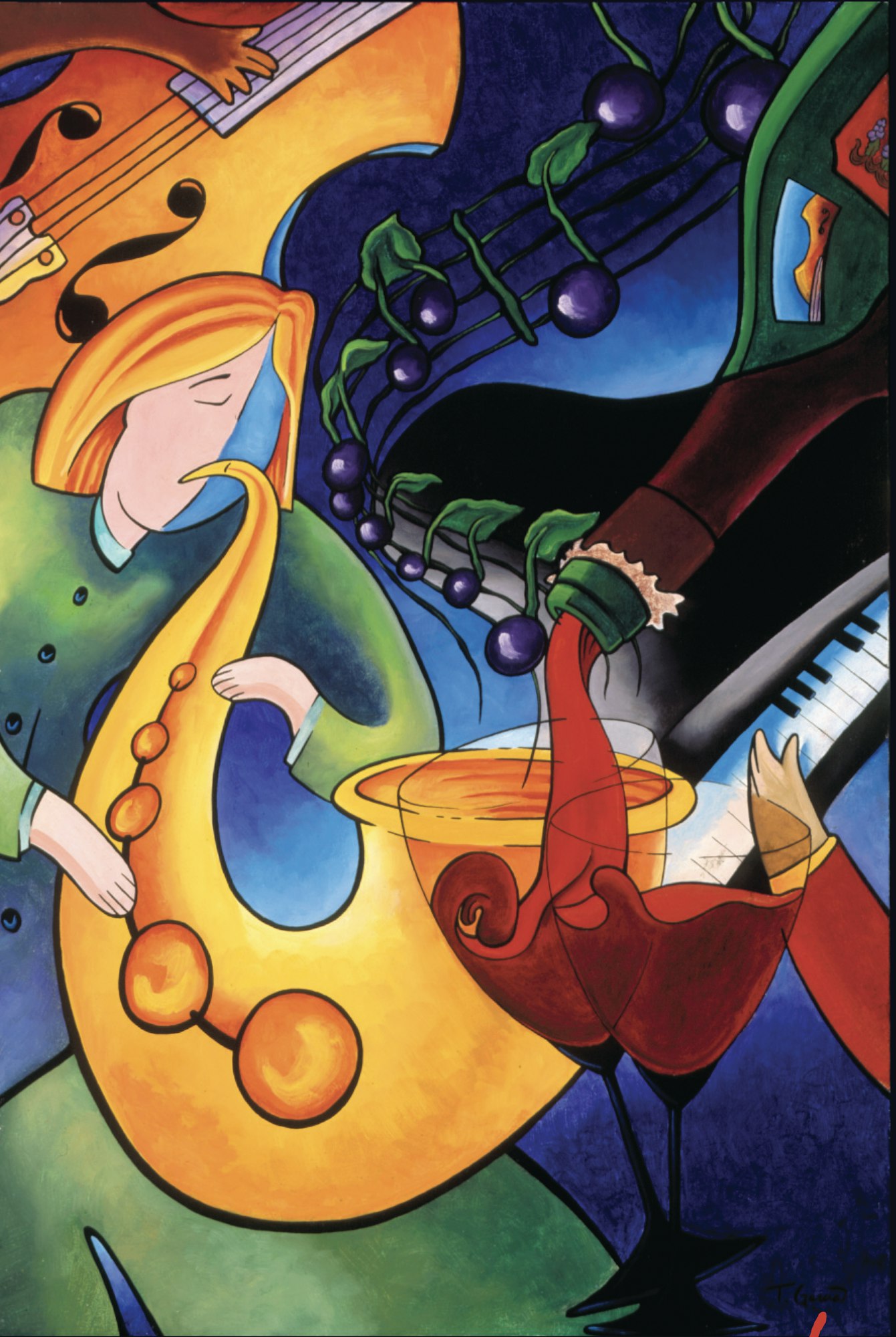 Abstract art with a saxophone player, musical notes, a pianist, and wine being poured. Bright, colorful, and surreal style.