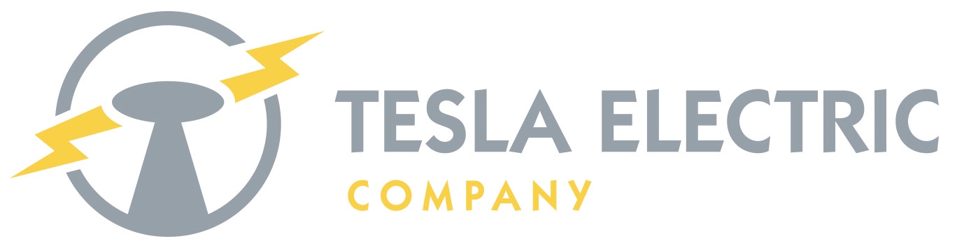 Logo with gray tower and yellow lightning bolts, text reads "TESLA ELECTRIC COMPANY".