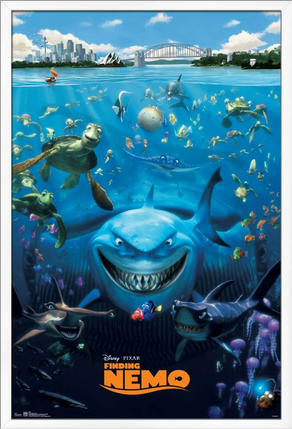 Poster of "Finding Nemo" with various ocean characters including turtles, sharks, fish, and cityscape in the background.