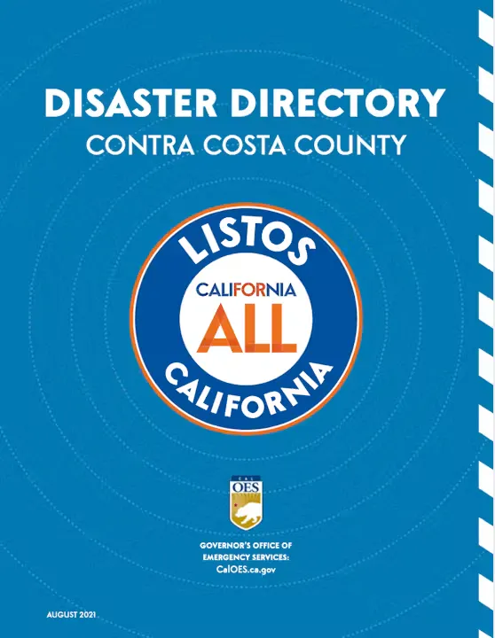 The image is a cover for a disaster directory for Contra Costa County, California, dated August 2021, by the Governor's Office of Emergency Services.