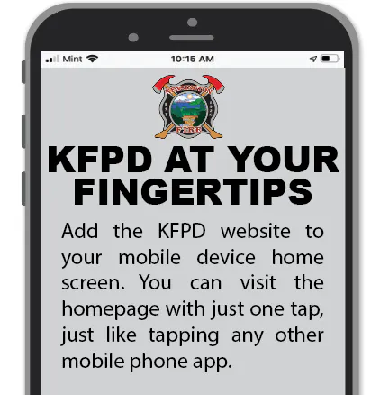 The image promotes adding the KFPD website to your mobile home screen for easy access, akin to using an app.