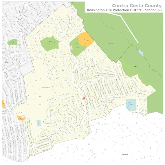 A map of Kensington, Contra Costa County, highlighting the Kensington Fire Protection District and its Station 65 location.