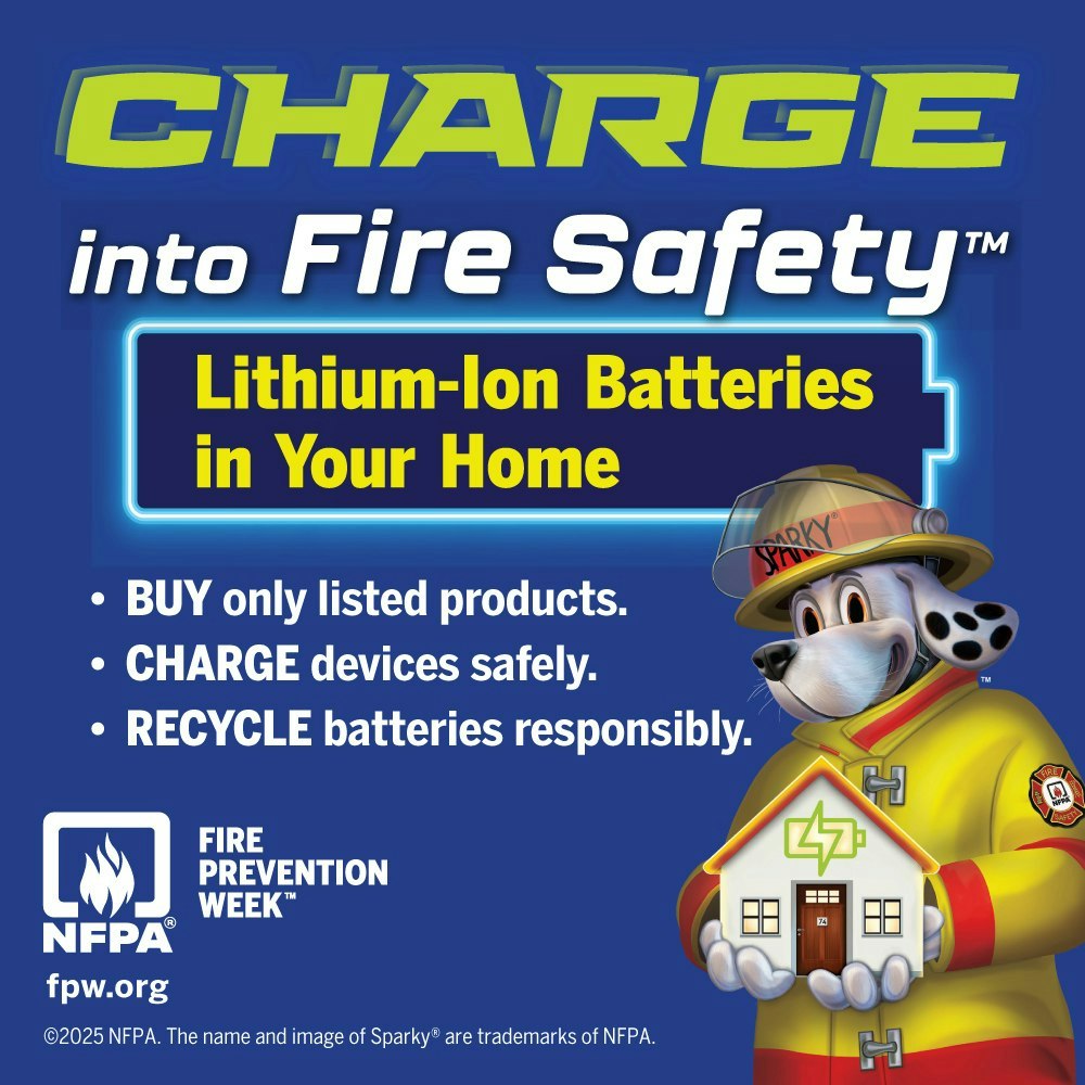 The image promotes fire safety with lithium-ion batteries, highlighting safe buying, charging, and recycling practices.