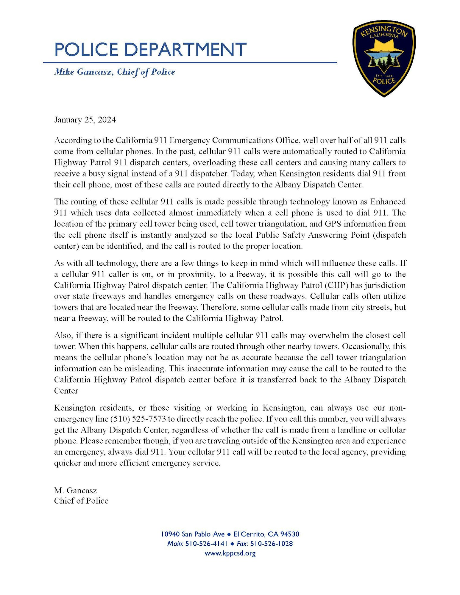 A letter from Kensington Police Department about 911 calls and technology used for routing these calls.