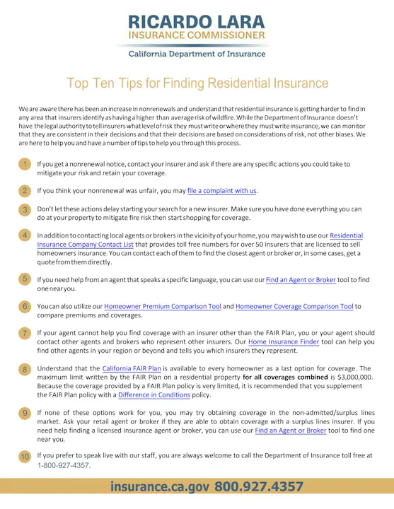 A guide from the California Department of Insurance with tips for securing residential insurance amid rising wildfire risks.