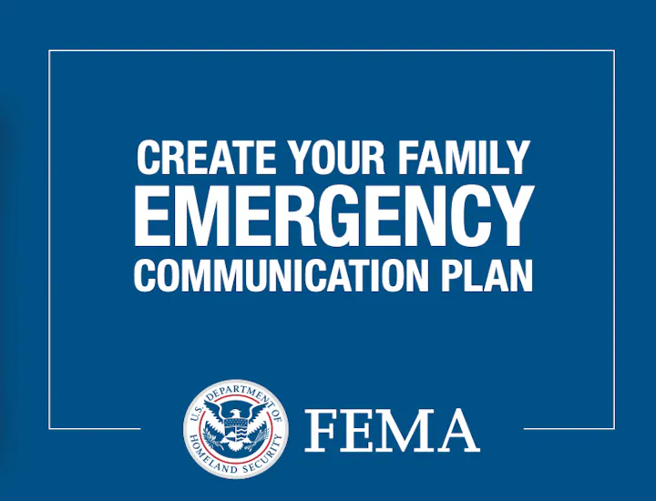 The image promotes creating a family emergency communication plan, featuring FEMA and the U.S. Department of Homeland Security logos.