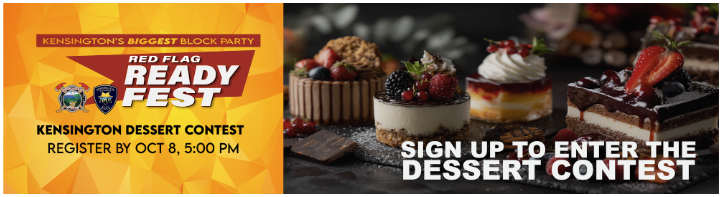 Kensington's Red Flag Ready Fest dessert contest; register by Oct 8, 5 PM. Various cakes shown.