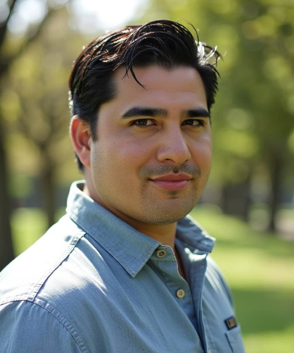 A man with dark hair and a slight smile poses outdoors in a green park, wearing a light blue shirt.
