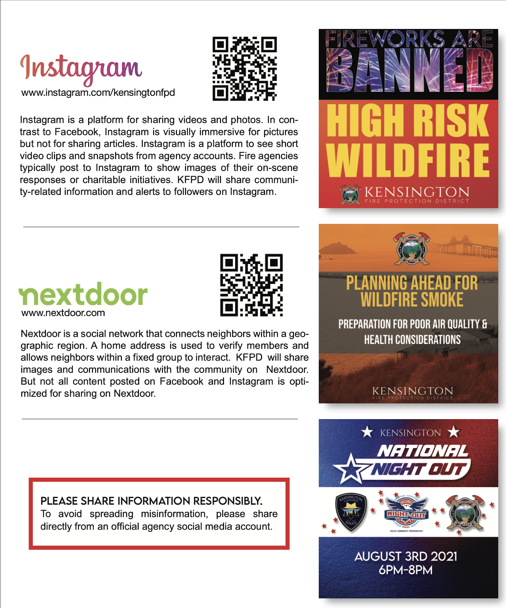 The image highlights social media platforms (Instagram, Nextdoor) for sharing community info and wildfire safety, urging responsible sharing.
