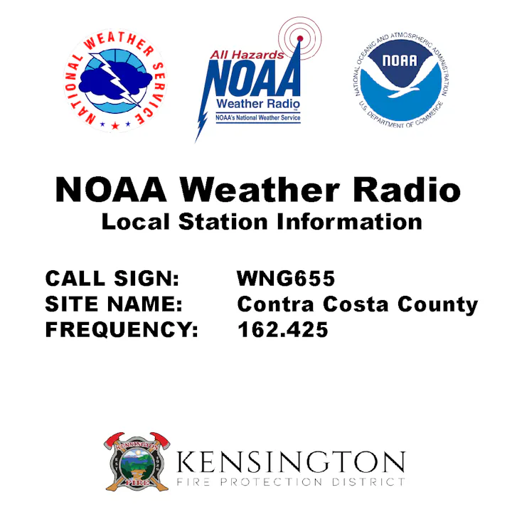 NOAA Weather Radio info: Call sign WNG655, site in Contra Costa County, frequency 162.425.