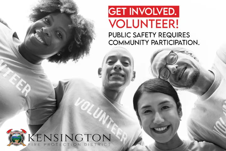 A diverse group of smiling volunteers encourages community engagement for public safety, highlighting the need for participation.