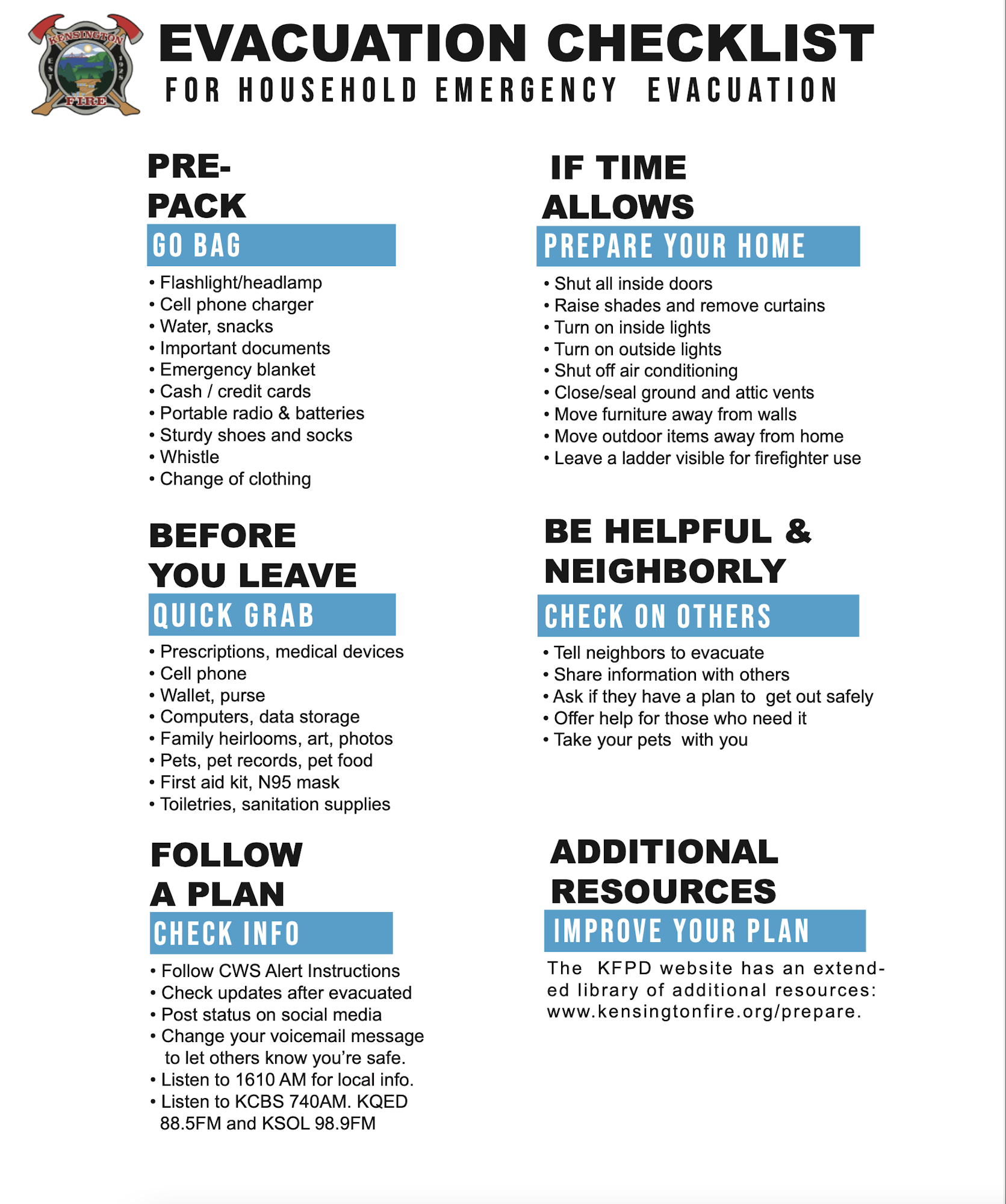 An evacuation checklist for emergencies, including packing essentials, home preparation, and helping neighbors.