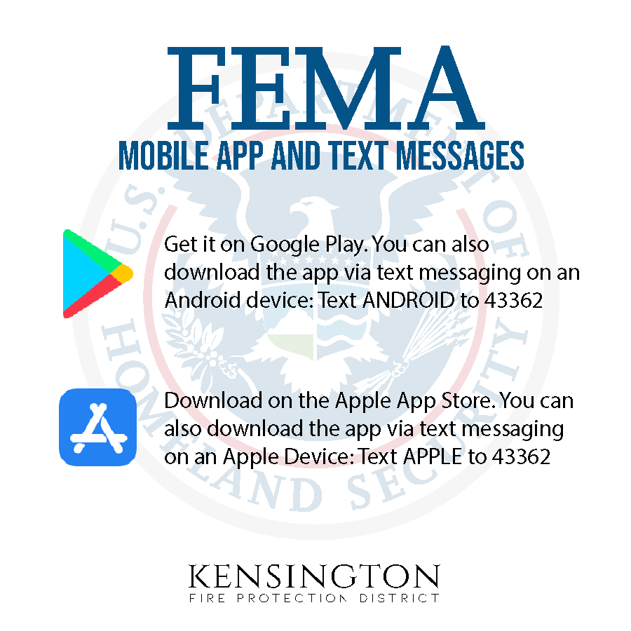 The image promotes downloading the FEMA mobile app via Google Play or Apple App Store, with text instructions for both platforms.