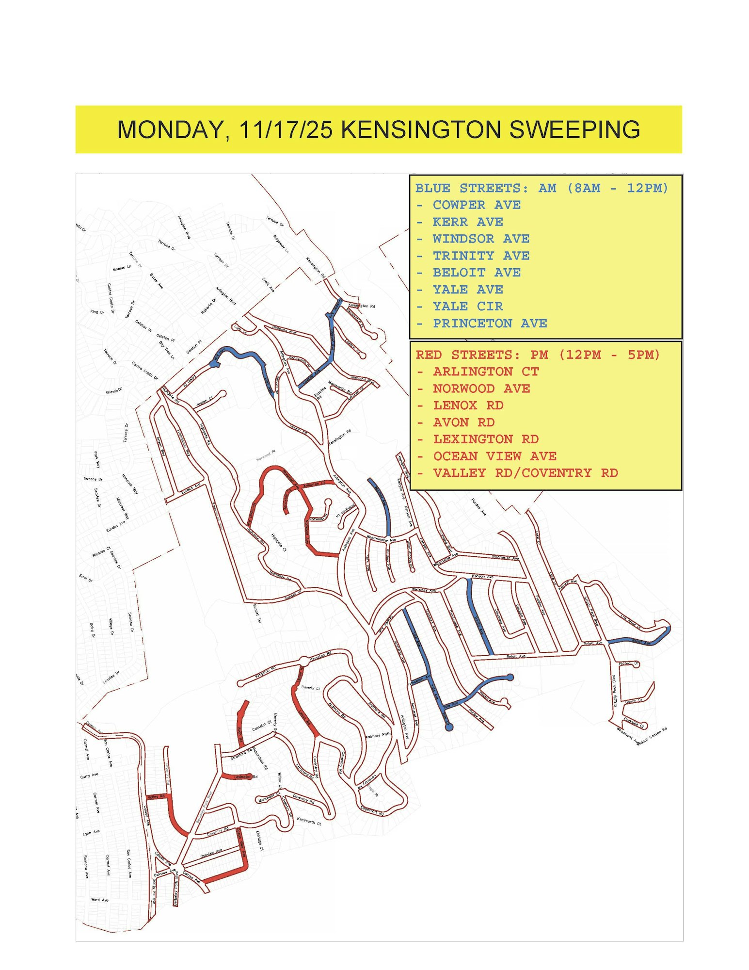 Street sweeping schedule for Kensington on 11/17/25. Blue (AM): 8AM-12PM; Red (PM): 12PM-5PM; streets listed in detail.