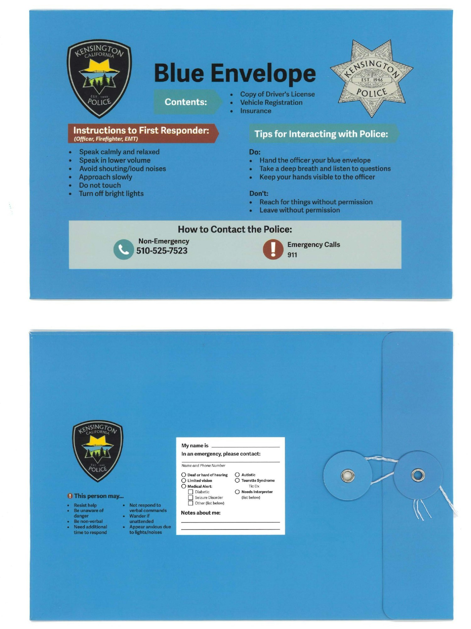A blue envelope from Kensington Police with instructions for first responders and tips for interacting with police, and emergency info fields.