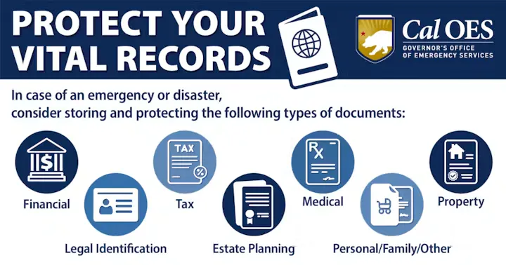 The image emphasizes the importance of protecting vital records like financial, tax, medical, and legal documents in emergencies.