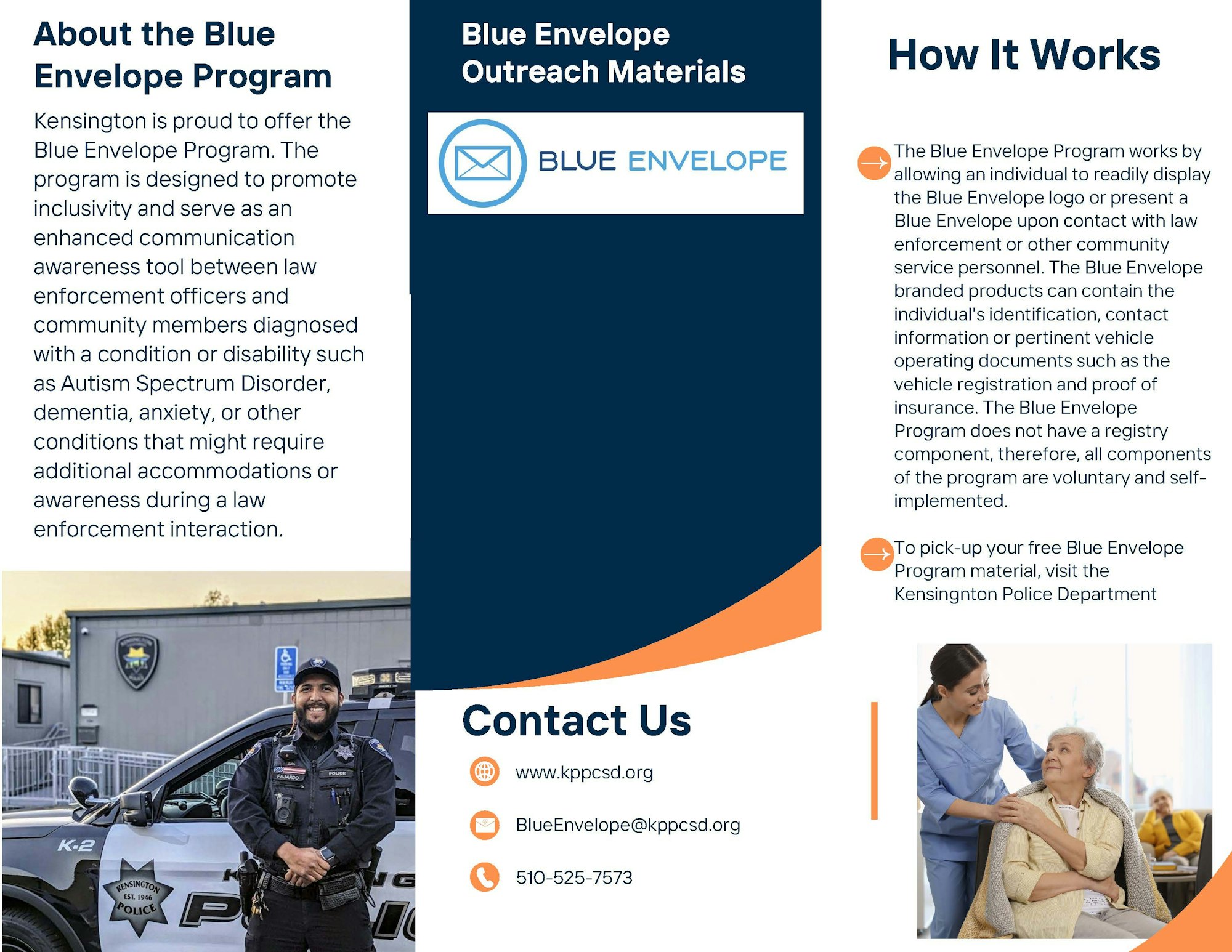 Pamphlet about Kensington's Blue Envelope Program for aiding interactions between law enforcement and individuals with disabilities.