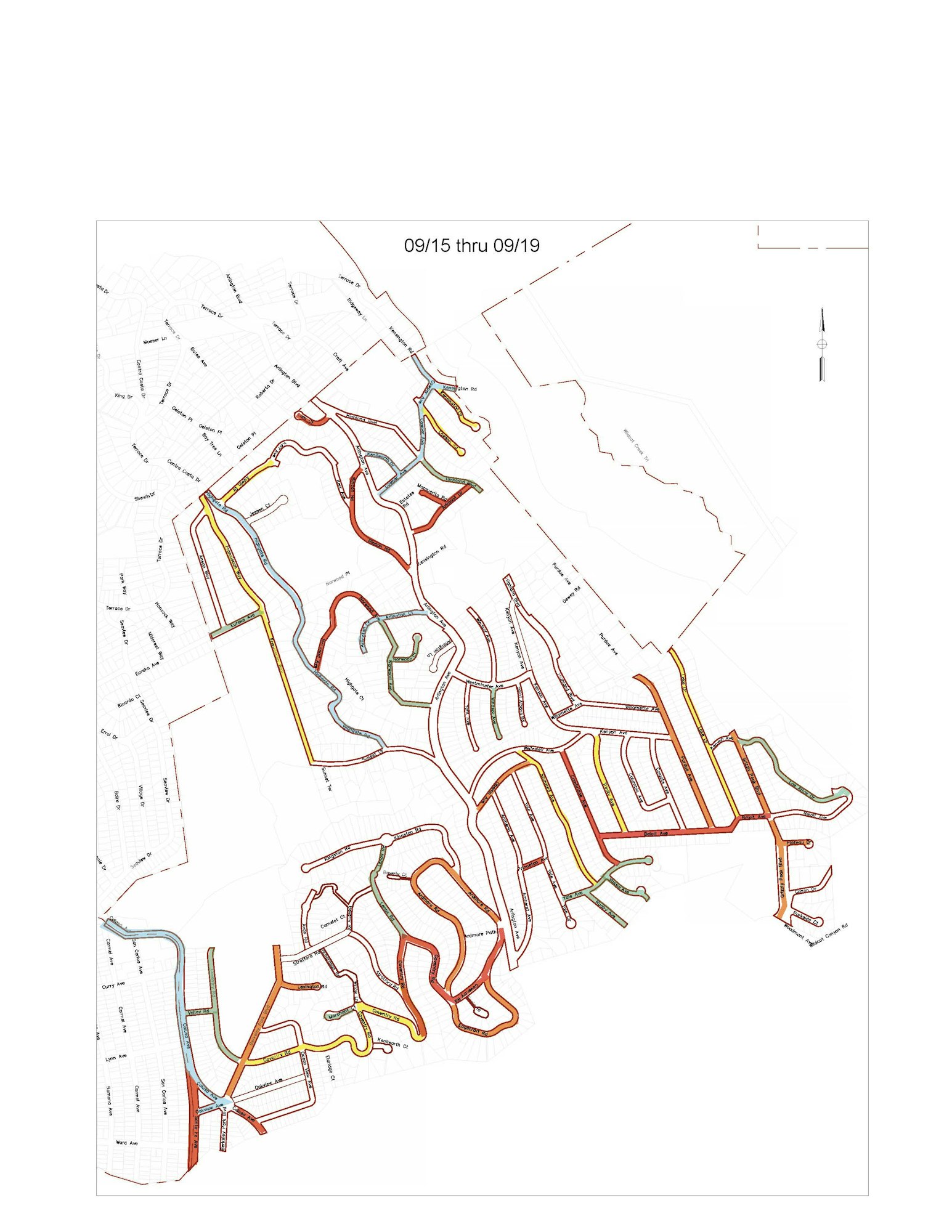 Map with colored routes indicating different paths or streets, labeled with dates 09/15 thru 09/19.