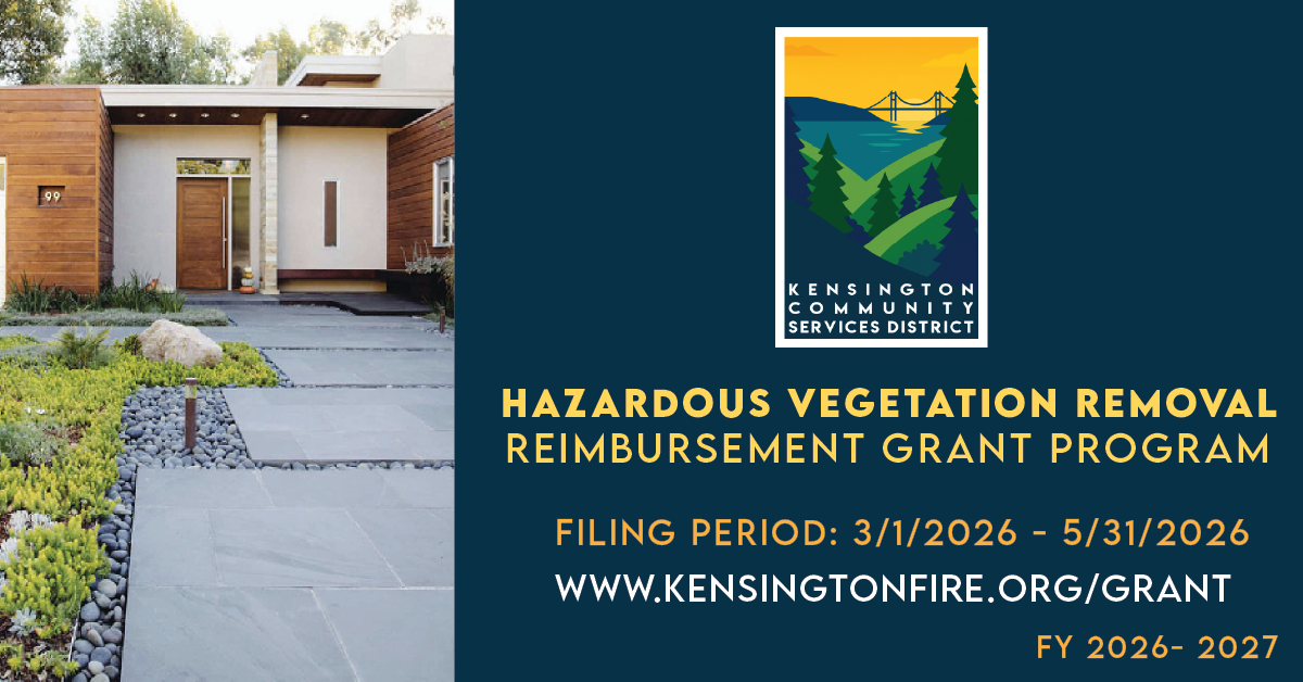 The image promotes a hazardous vegetation removal reimbursement grant program in Kensington, with filing dates in 2026.