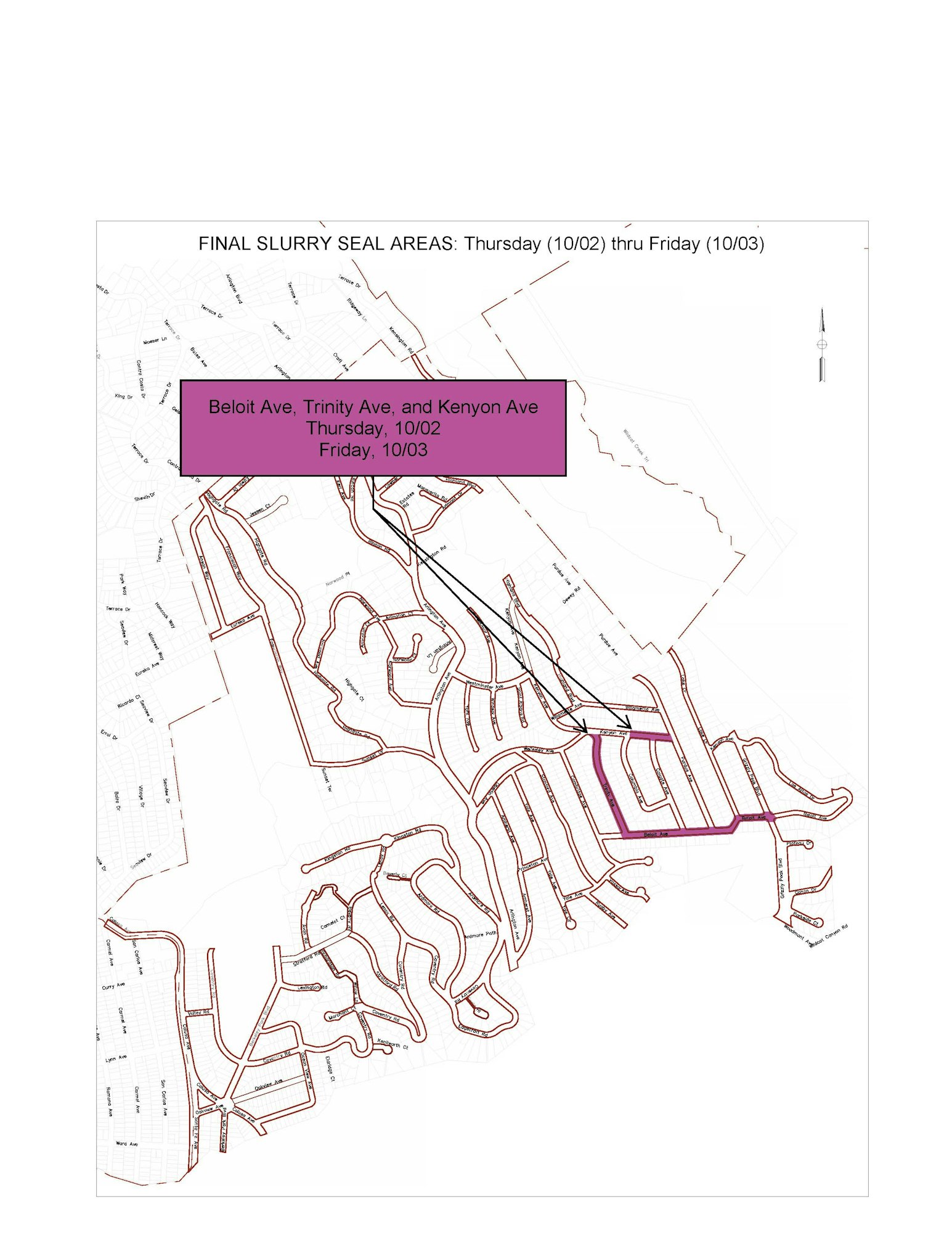 Map highlighting slurry seal areas for Beloit Ave, Trinity Ave, Kenyon Ave on 10/02-10/03.