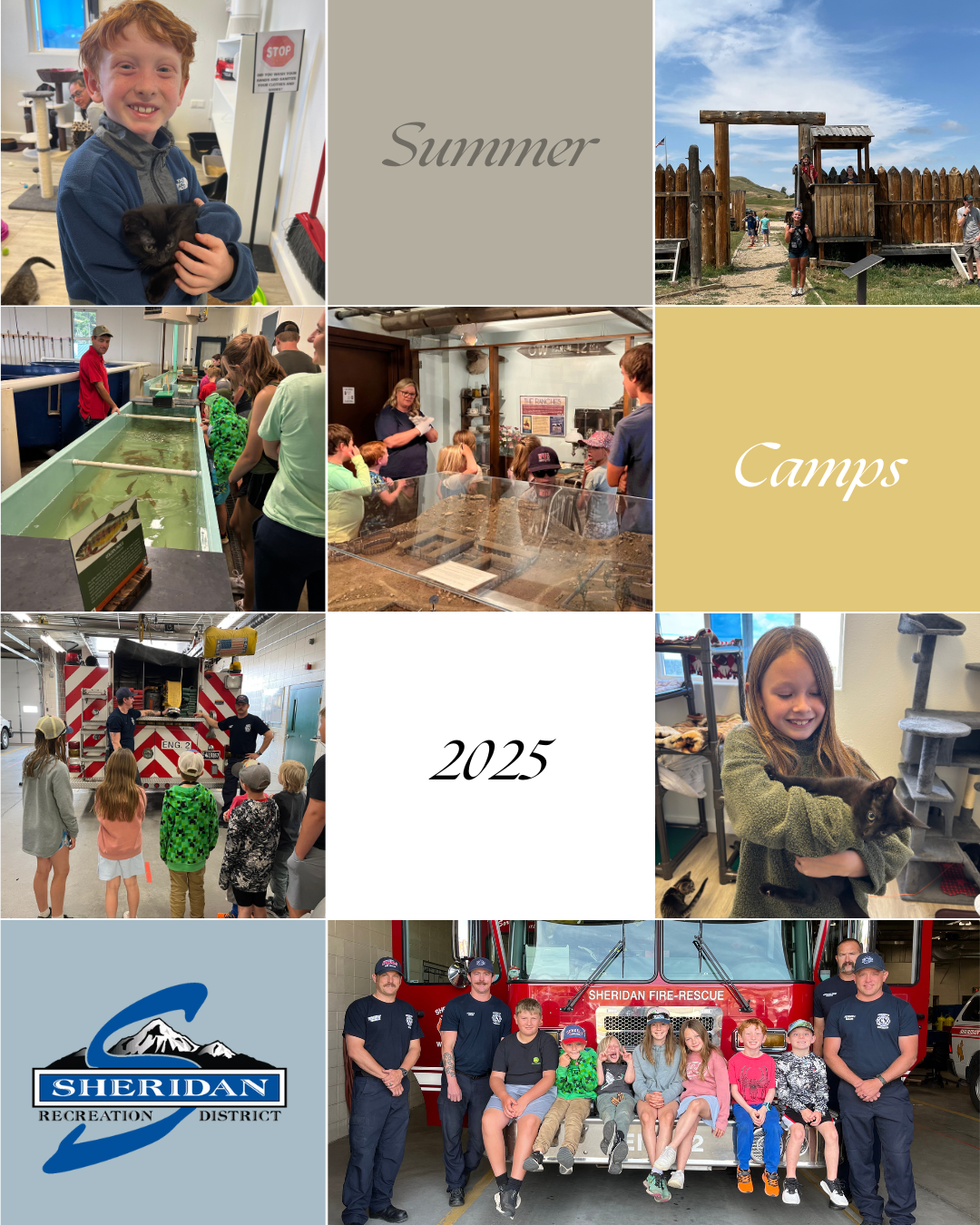 Collage promoting Sheridan Recreation District's summer camps for 2025, featuring kids with activities and animals.