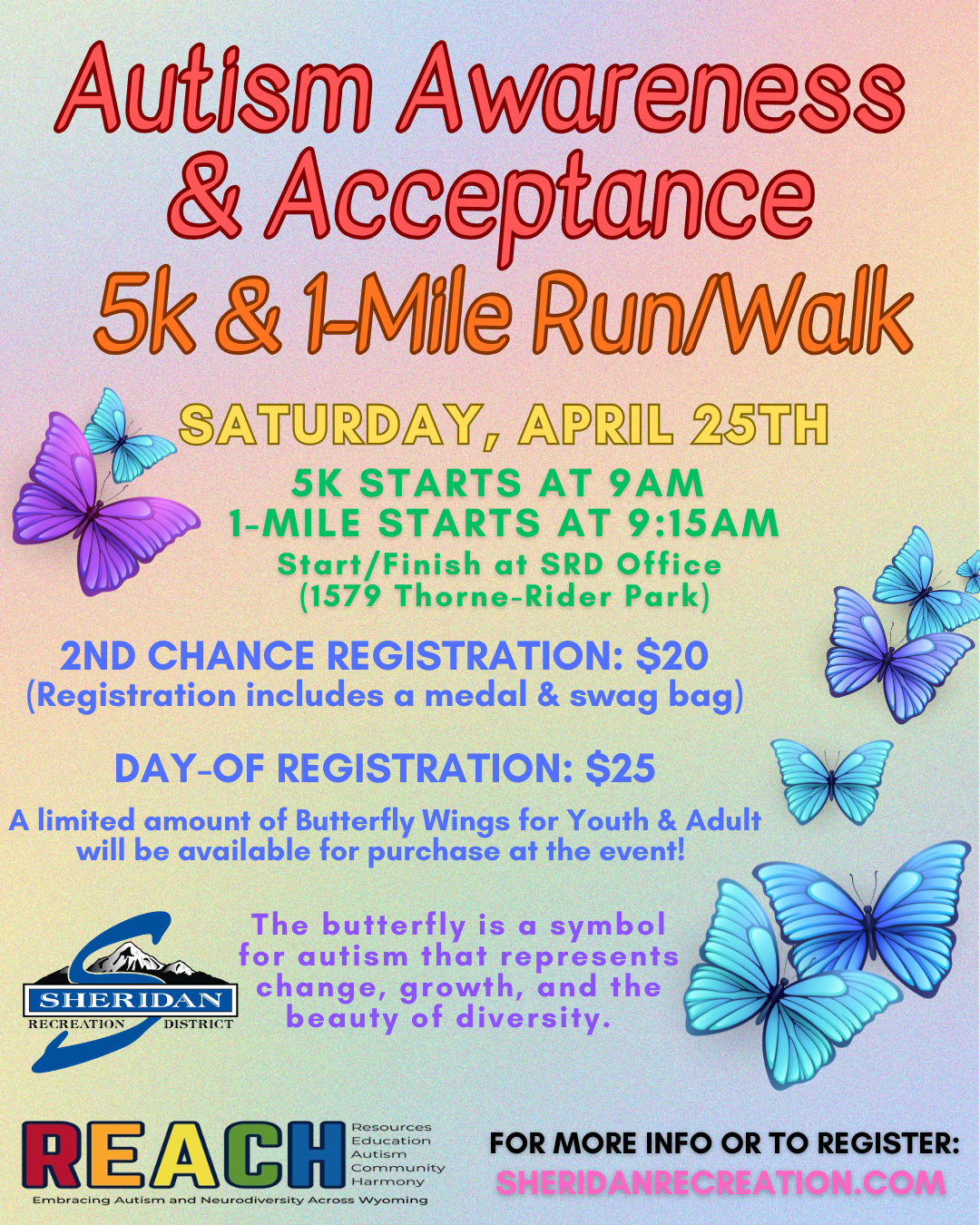 Event for Autism Awareness: 5k & 1-mile run/walk, April 25. Registration info, location, and details about medals included.