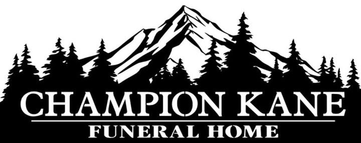 The image shows a logo for "Champion Kane Funeral Home," featuring mountains and pine trees.
