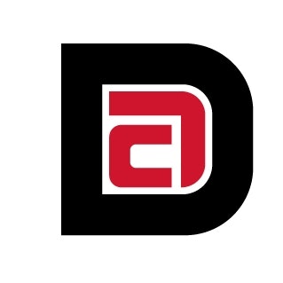 A stylized logo with a capital letter "D" in black, enclosing a red and white design.
