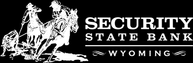 A logo with a cowboy on a horse, text "SECURITY STATE BANK", and "WYOMING" underneath, all in black and white.