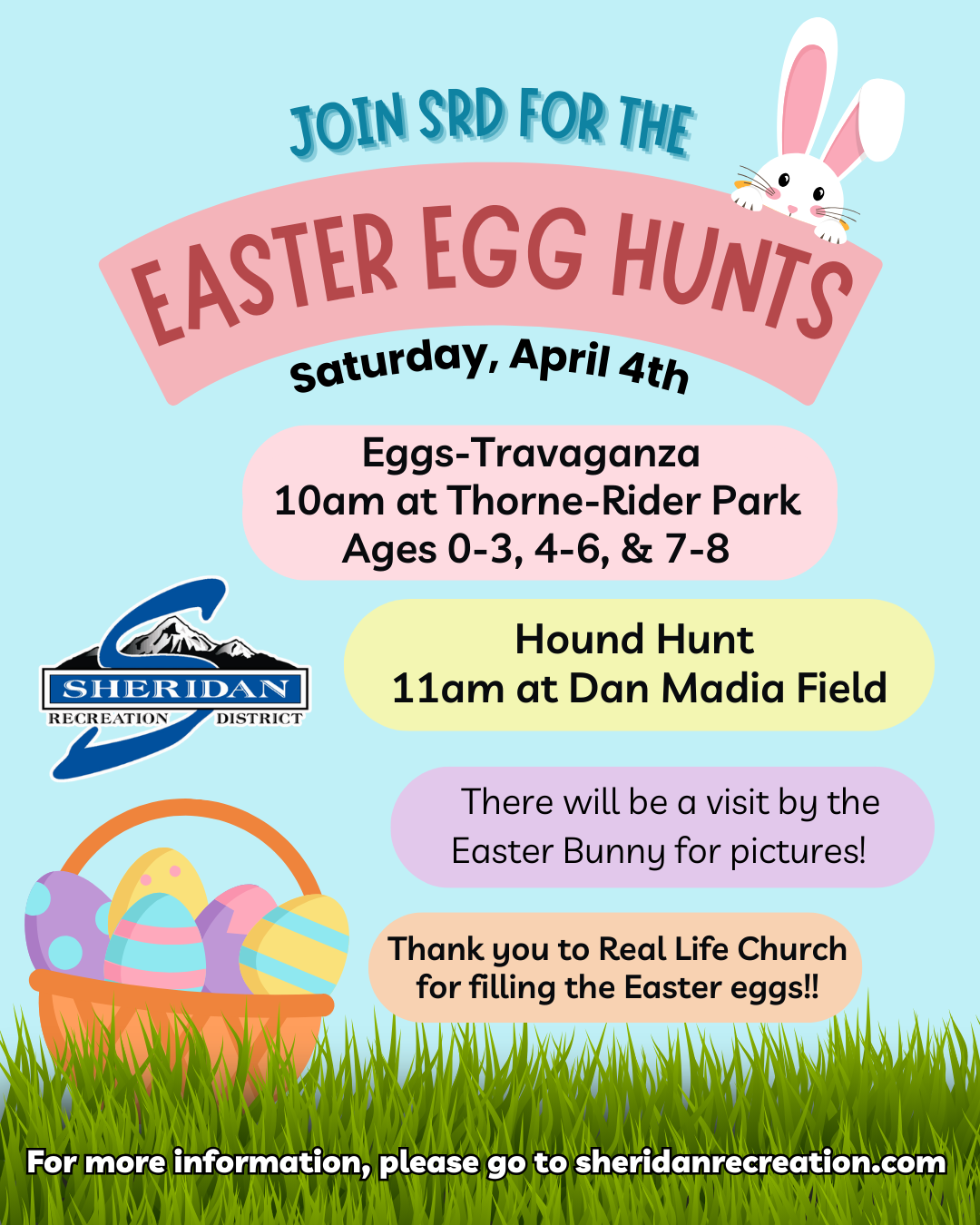 Easter Egg Hunts on April 4th: Eggs-Travaganza at 10 AM for ages 0-3, 4-6, & 7-8 at Thorne-Rider Park. Hound Hunt at 11 AM!