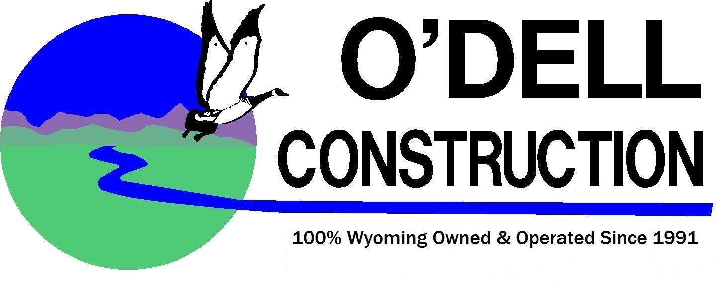 O'Dell Construction logo with a flying bird, mountain scene, and text: "100% Wyoming Owned & Operated Since 1991."