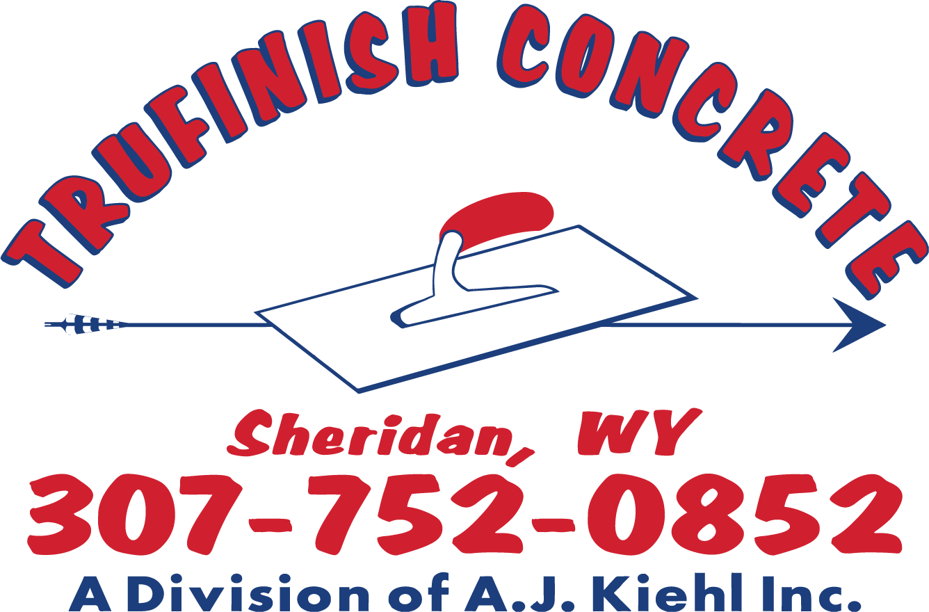 Logo of TruFinish Concrete, Sheridan, WY, with a trowel illustration and contact number. Division of A.J. Kiehl Inc.