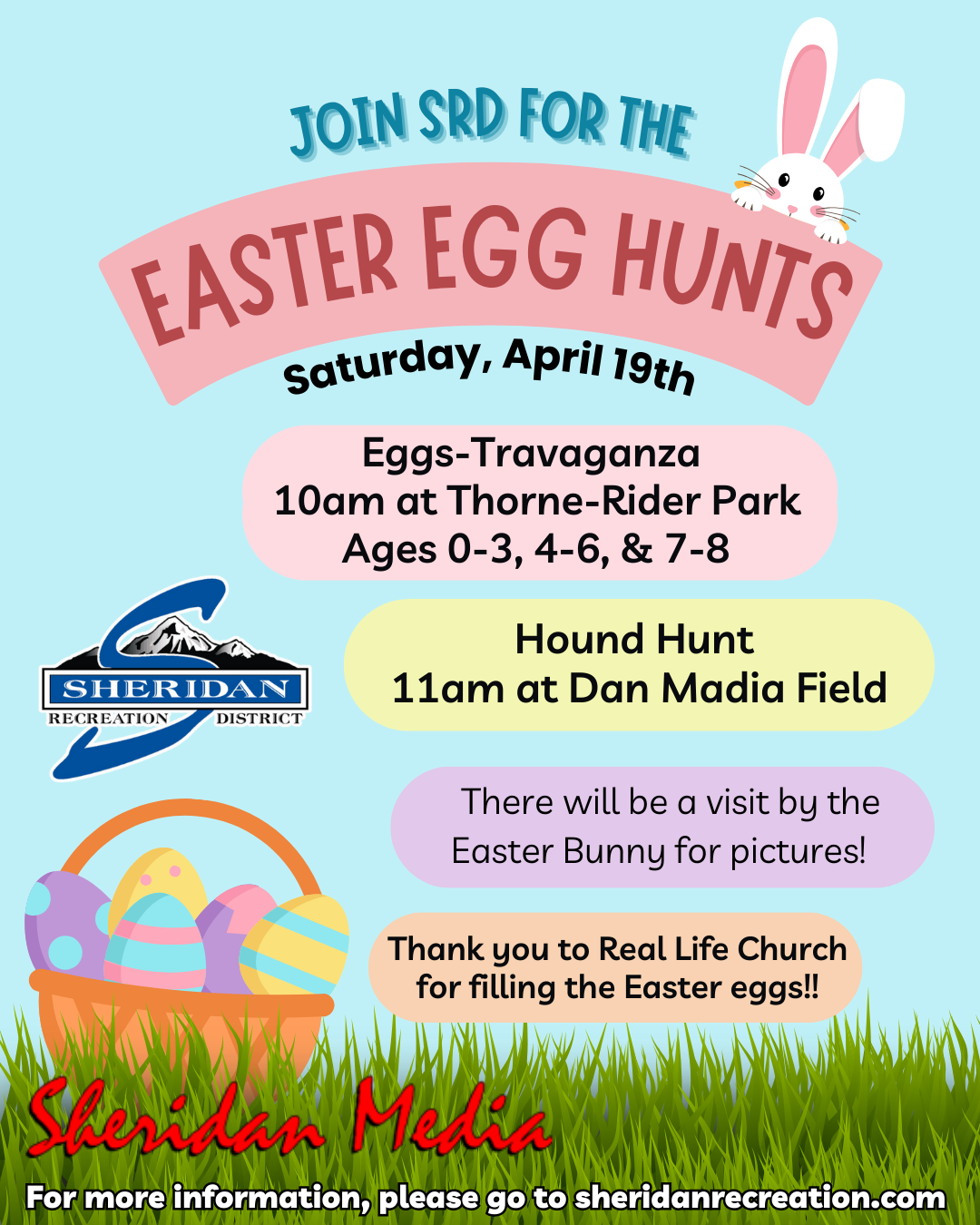 Easter Egg Hunts on April 19th at Thorne-Rider Park and Dan Madia Field. Easter Bunny visit and thanks to Real Life Church.