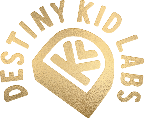 The image features a logo for "Destiny Kid Labs" with a stylized design in a gold color scheme.