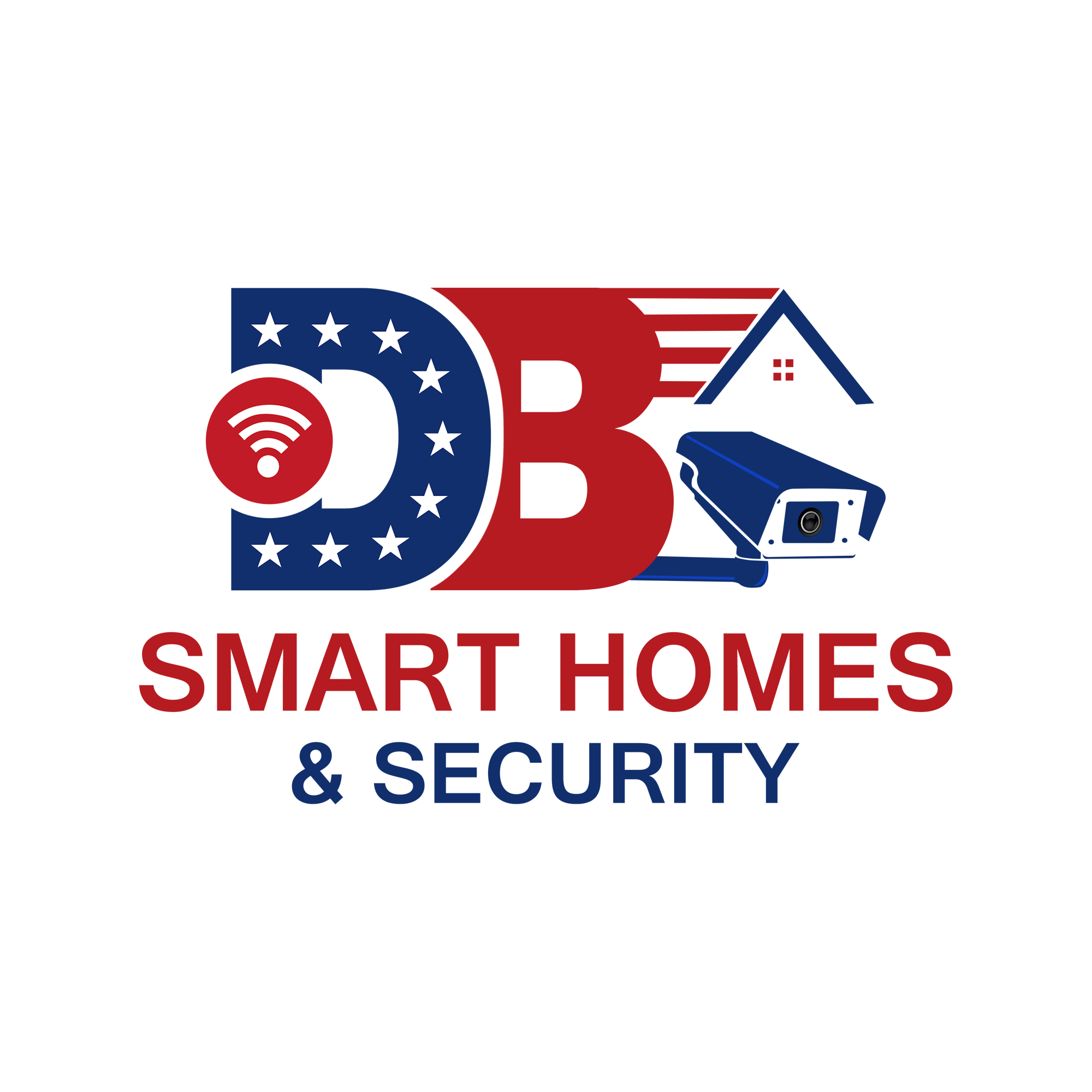 Logo for DB Smart Homes & Security with stars, a house, and a camera.