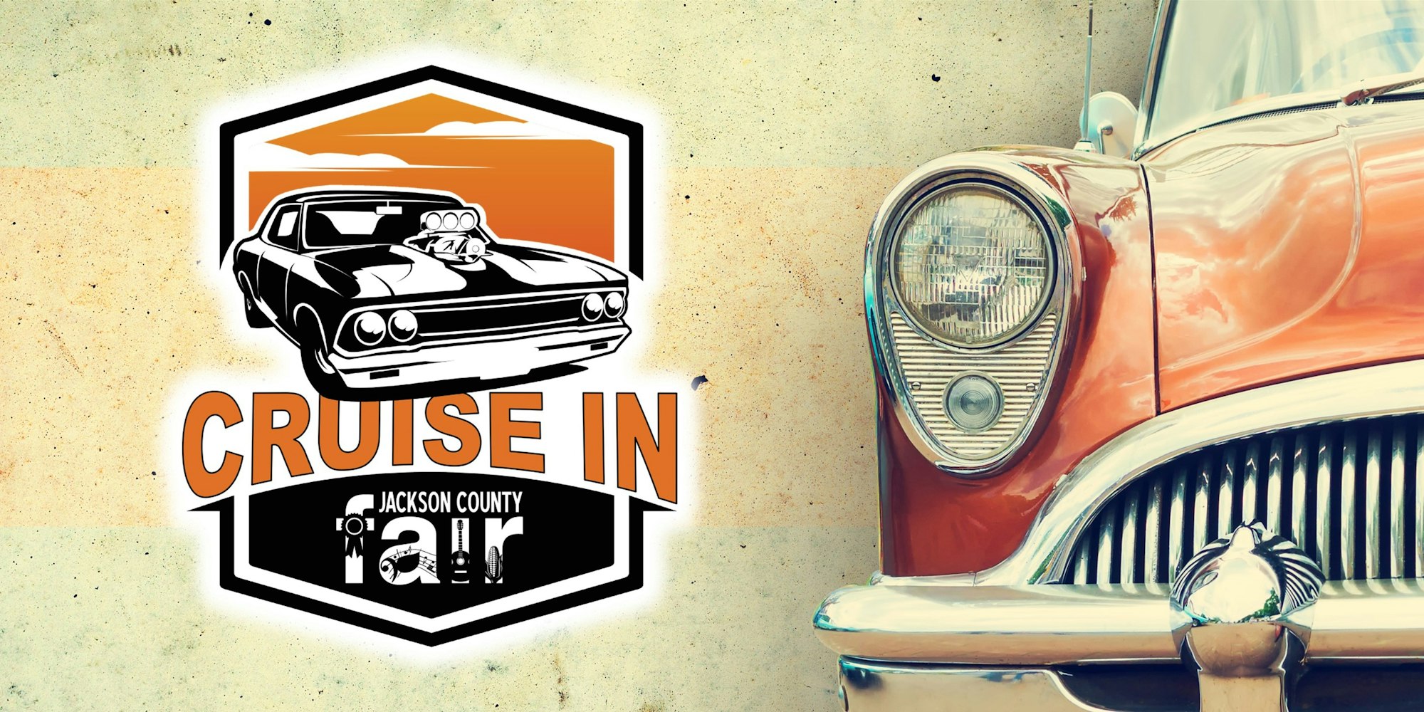 Vintage car front and "Cruise In" logo for Jackson County Fair.