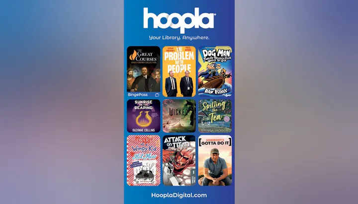 The image showcases various books and media available on Hoopla Digital, including titles like "Dog Man" and "Wicked."